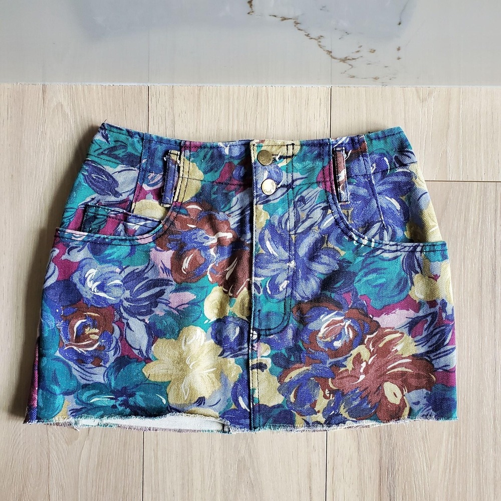 Vintage 90s Floral Denim Mini Skirt Womens XS Size 3 Blue Y2K Cottagecore